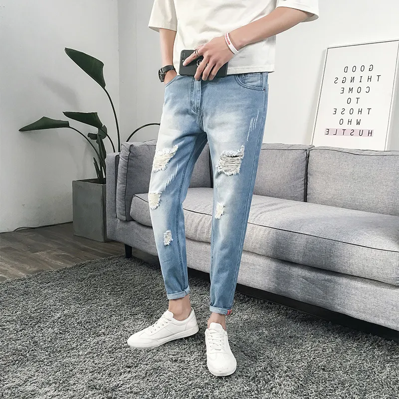 Mens Jeans Fashion Scratched Hole Ripped Boys Youth Casual Pencil