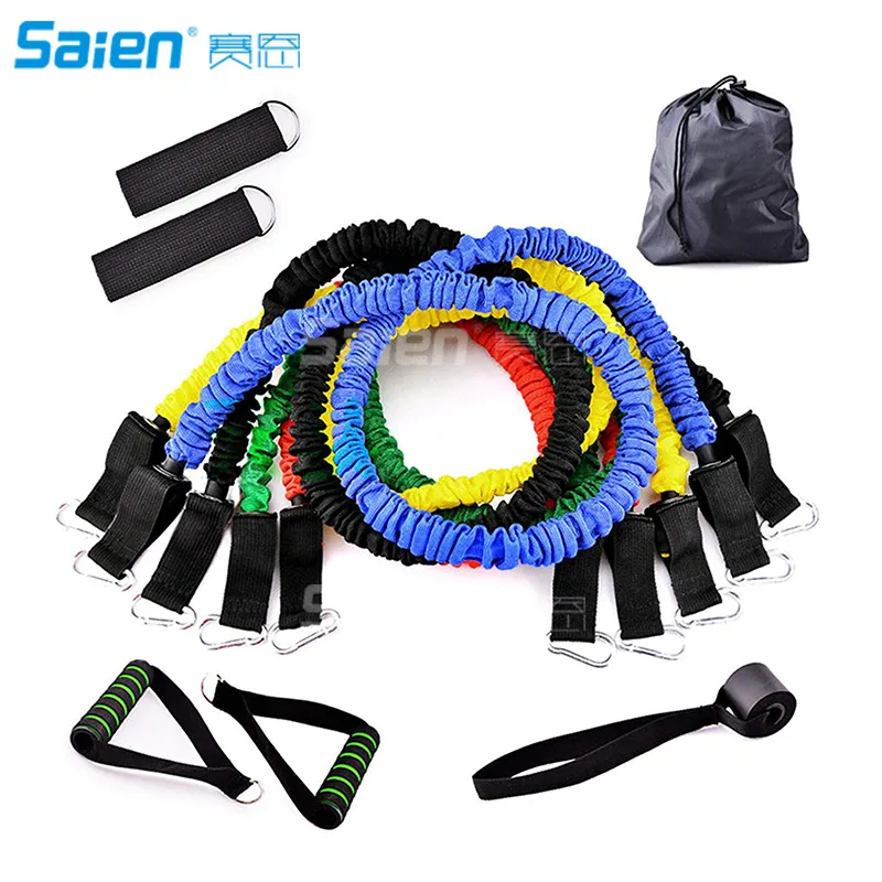 Resistance Bands Set 11 Pieces include 5 Stackable Exercise Bands with Door Anchor, Ankle Straps, Foam Handles and Carrying Bag