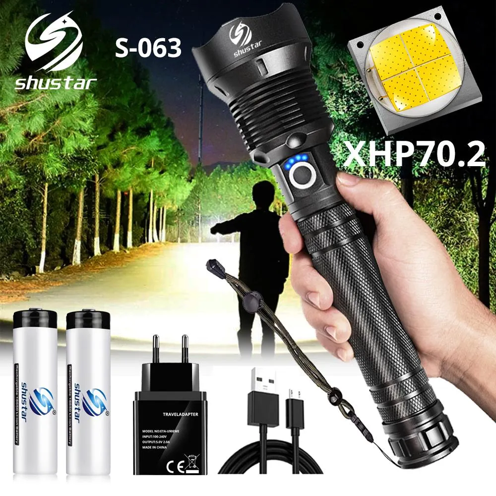 Kraftfull LED-ficklampa med XHP 70.2 Lampa Bead Zoomable 3 Lighting Modes LED Torch Support för Mircro Laddning Jaktlampa