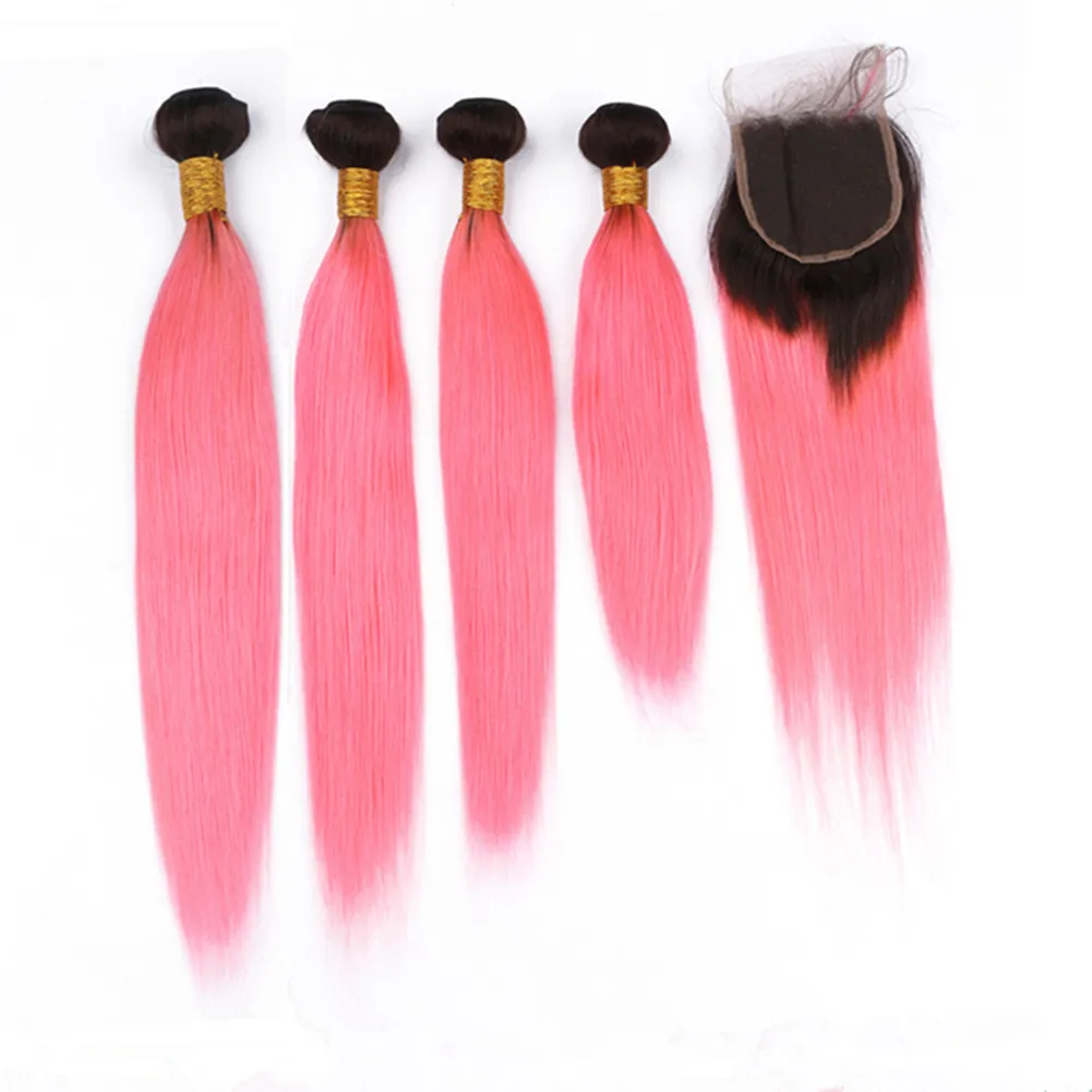 Черные и розовое Ombre Виргинских выдвижения волос с Closure # 1B Розового Ombre малайзийского Straight человеческих волос переплетений 4Bundles и кружевом закрытием