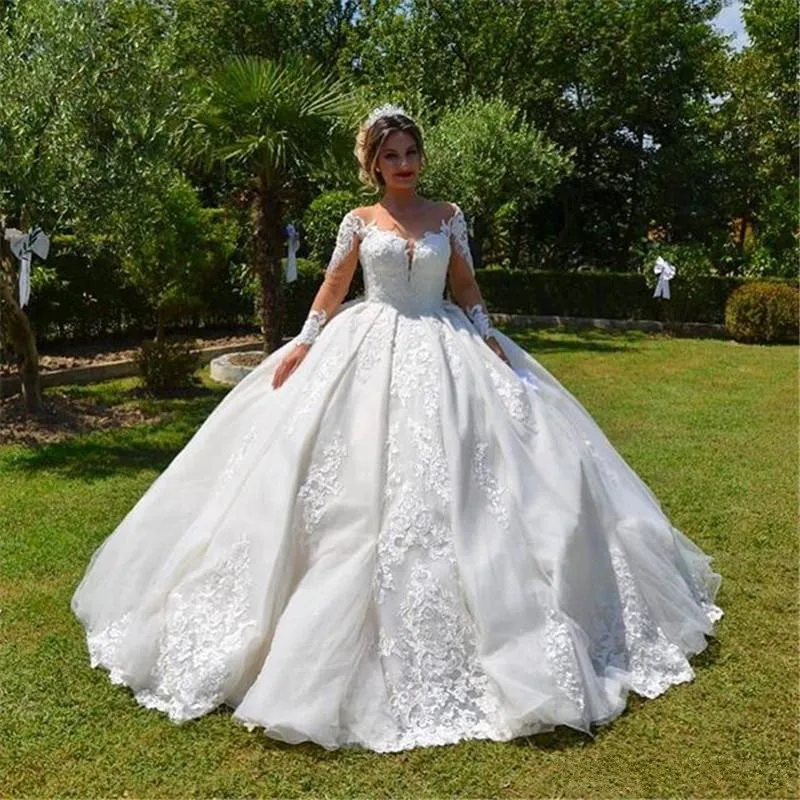 Wspaniała koronkowa suknia balowa suknie ślubne Sheer Punging Scyk Kościa Suknie ślubne z długimi rękawami Plus Size Szyt Szyt Vestidos de Novia 407