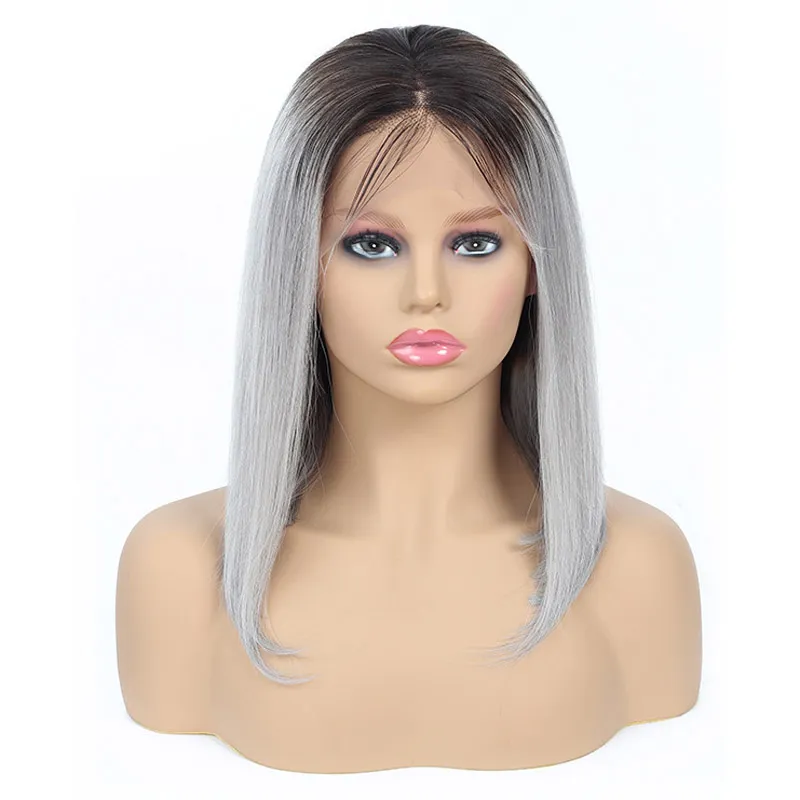 Indian ombre Human Hair Silky Straight 1B/Gray 1B/Pink 13x4 Lace Front Bob Pruik 10-16inch korte bobpruiken