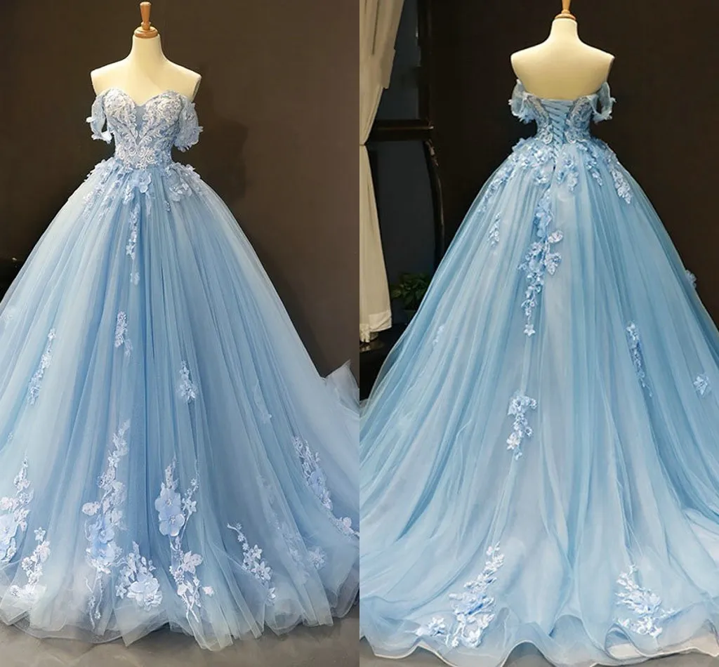 Baby Blue 3d Flores Bordado Prom Quinceanera Vestidos 2021 Barato Vestidos de Bola Off Ombro Espartilho Voltar Doce 15 Vestido Vestido de Novia