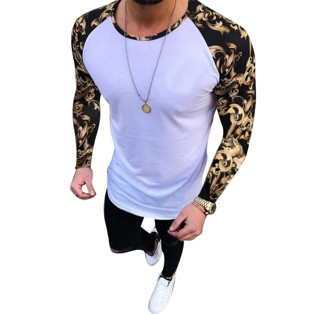 Acquista T-Shirt Girocollo Manica Lunga Patchwork Floreale Da Uomo Slim Fit Casual Top Estivo