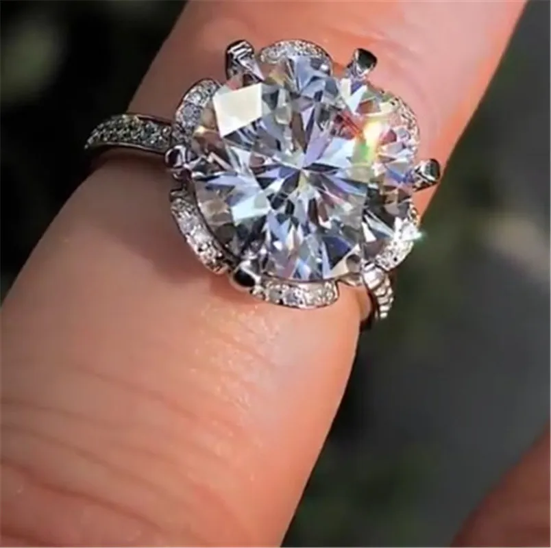 Vecalon Flower Promise Finger Ring 925 Sterling Silver Round Cut 2ct Diamond Engagement Band Ringar för Wome Bröllop Smycken