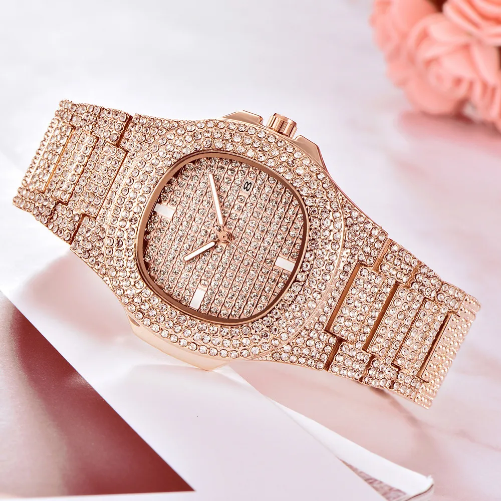 drop shipping rose gold ice out diamond watch men hot fashion womens quartz watches (3)