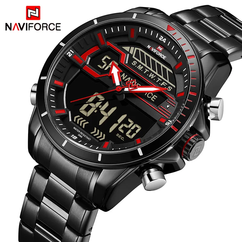 최고 고급 브랜드 Naviforce Men Sport Watches 남자 석영 디지털 LED 시계 남자 Full Steel Army 군용 방수 손목 WAT256P