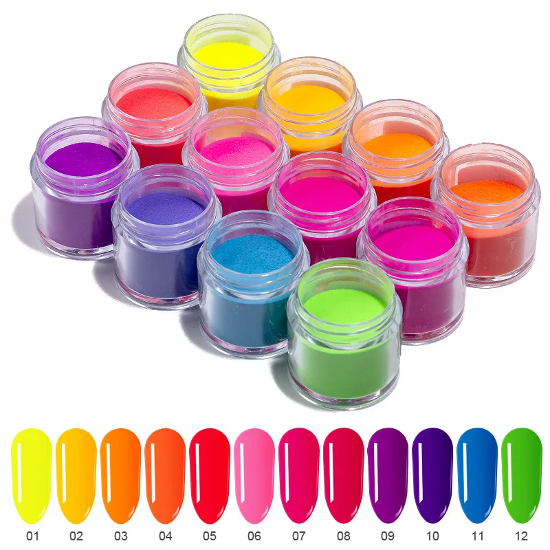 12 färger fluorescerande neonbyggare akryl nagel dopppulver lysande pigment 10 ml / dopppulver - ED176 - fluorescerande