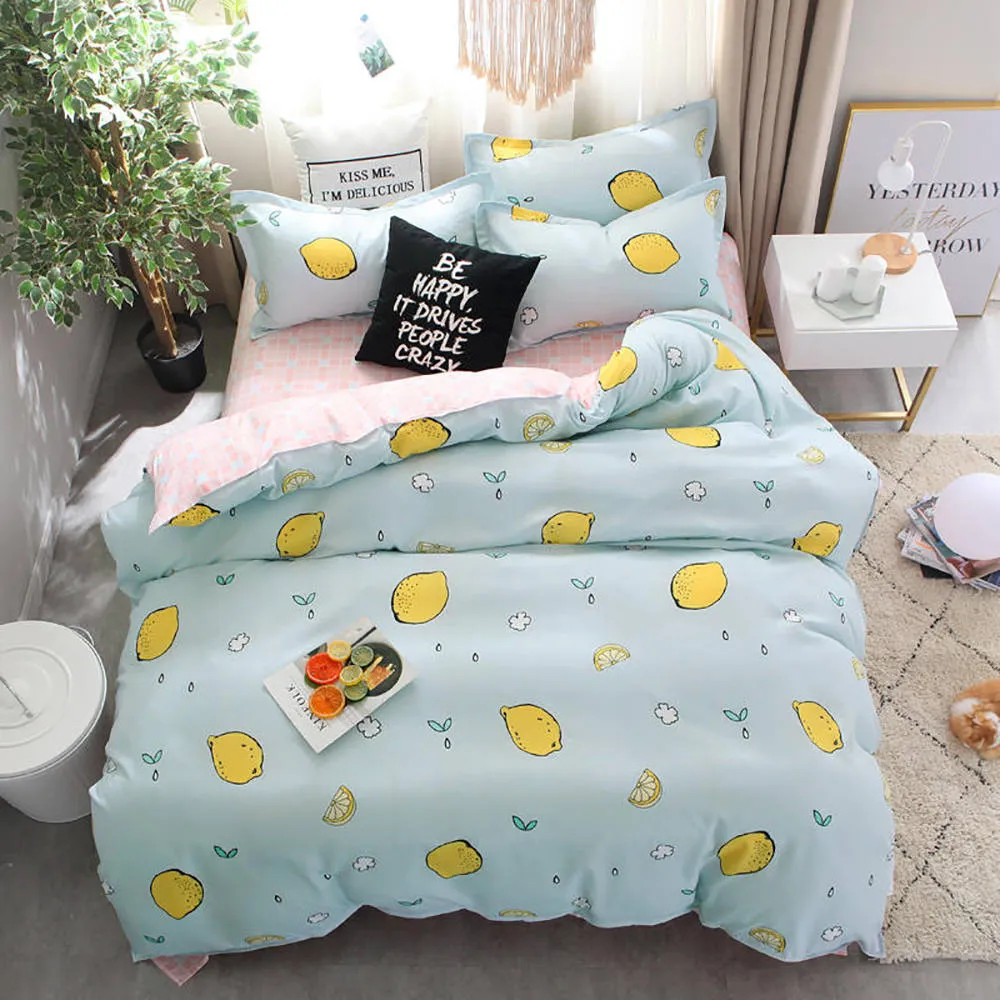 Lemons Bedding Set King Size Simple Fresh Fashionable Blue Duvet Cover