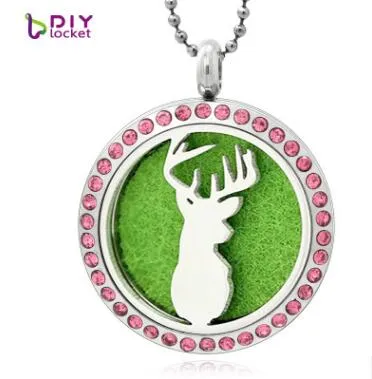 Fashion- colorful deer head 30mm Round glossy magnet can be open 316L Stainless steel perfume pendant fit necklace without chain