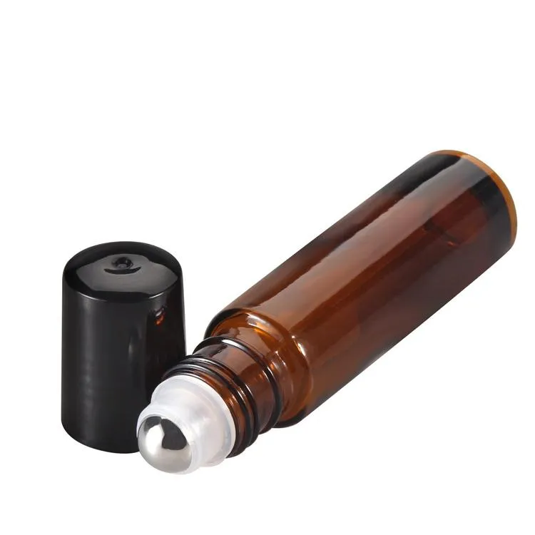 Hochwertige 300 Stück/Los 10 ml Glas-Roll-on-Flaschen mit Edelstahl-Rollkugeln für ätherische Öle, bernsteinfarben