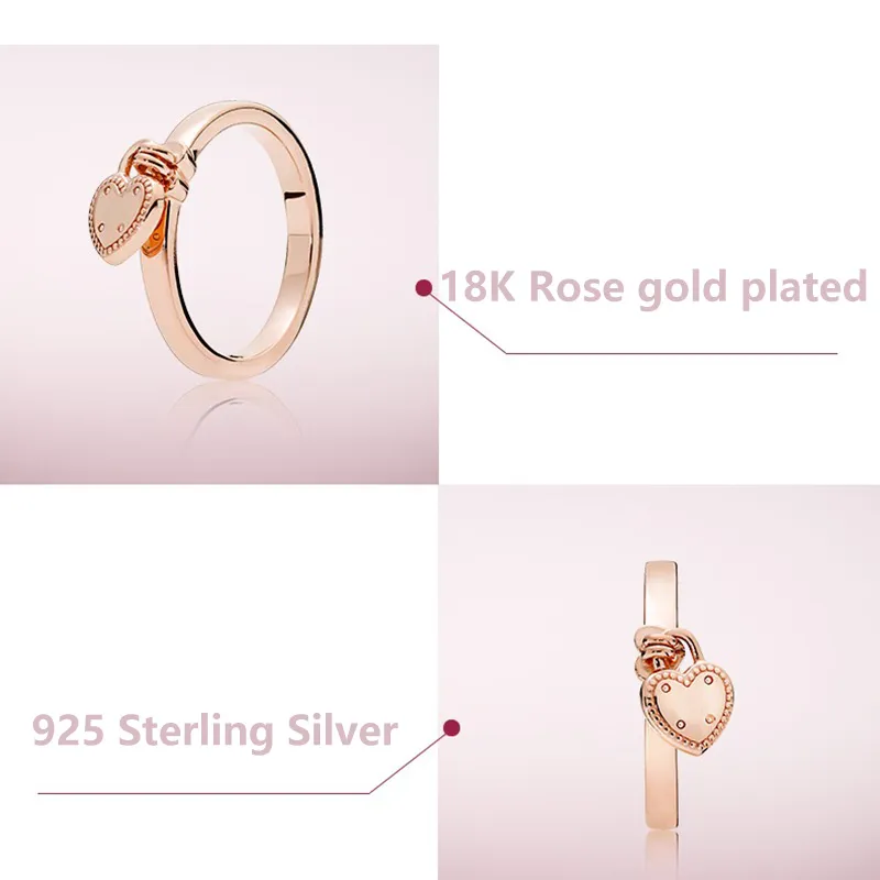 Heart Shaped Padlock Ring luxury designer jewelry for Pandora 18K Rose gold plated 925 Silver Women Wedding Love Rings with Original box