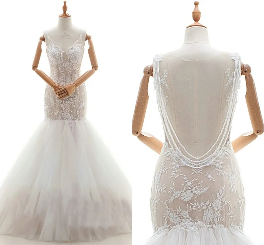 Gorgeous Pearls Lace Mermaid Wedding Dresses V Open Back V-neck Country Wedding Gowns Berta Boho Bridal Dress Plus Size Party Women