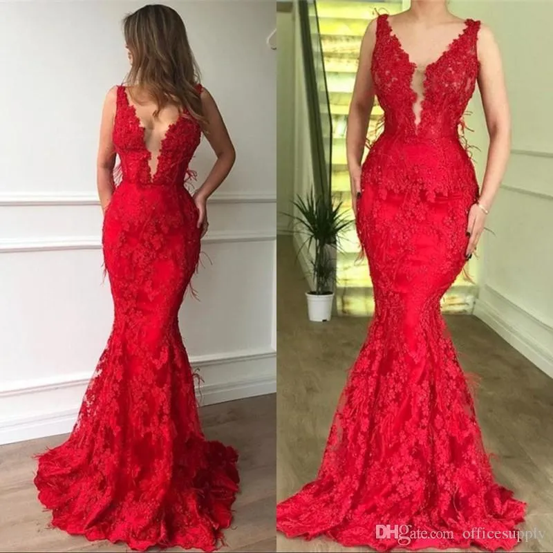 Nueva llegada Sexy sirena roja vestidos de baile con cuello en v ilusión apliques de encaje largo espalda transparente vestido formal vestidos de fiesta de noche batas de mari￩e