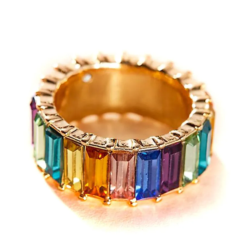 Venda quente Fina Baguette Rainbow CZ Anel De Ouro Para As Mulheres de Noivado Moda Wedding Band Top Quality Charme Jóias 12 Cores