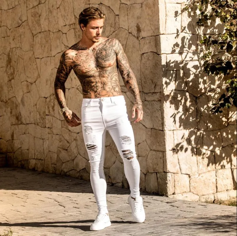 Skinny Jeans Mannen 2020 Nieuwe Elasticiteit Slanke Potlood Broek Sexy Casual Gat Ripped White Black Denim Jeans Mens Streetwear Kleding