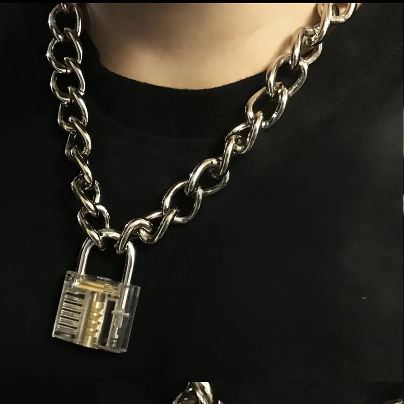 Mężczyźni Kobiety Unisex Metal Chain Choker Naszyjnik Mechaniczny Steampunk Przezroczyste Wyczyść Kwadratowy zamek i Kluczowy kołnierz Choker