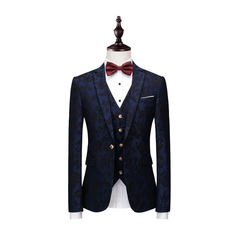 Herrenanzüge mit Aufdruck, Marineblau, Herren-Blazer mit Blumenmuster, Herren-Blazer mit Paisley-Muster, Slim-Fit-Anzugjacke, Herren-Hochzeits-Smoking 3pc228d