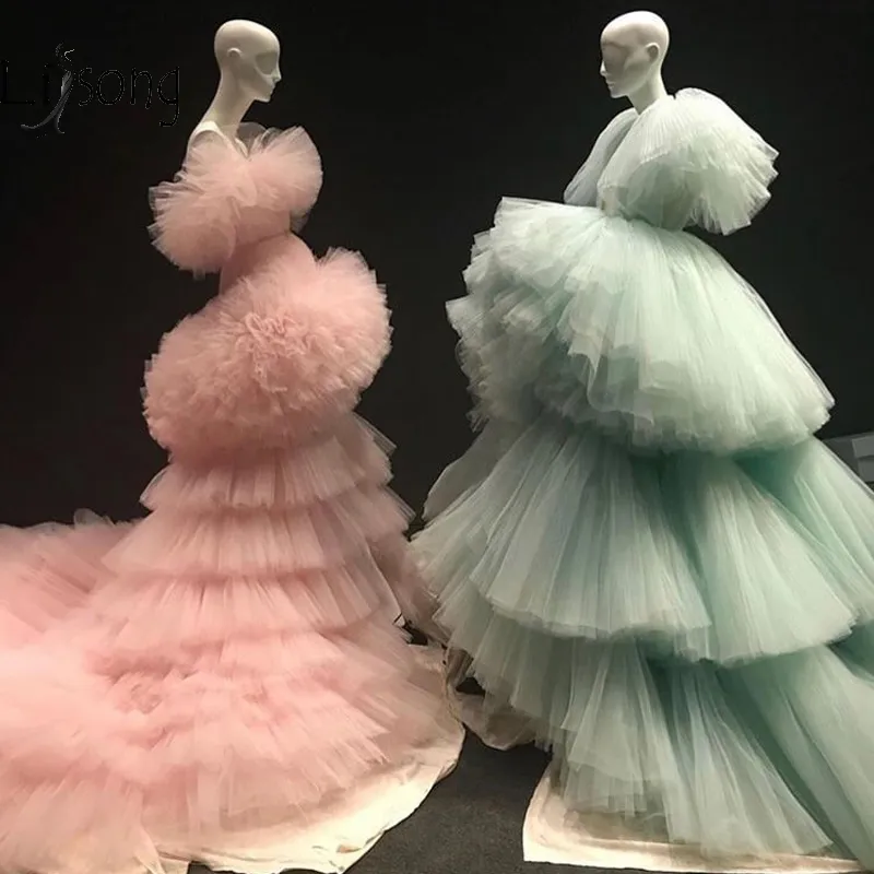 Ny Mint Green Tiered Ruched Long Aftonklänningar Ruffles Peach Pink Puffy Tutu A Line Prom Gowns Abendkleider