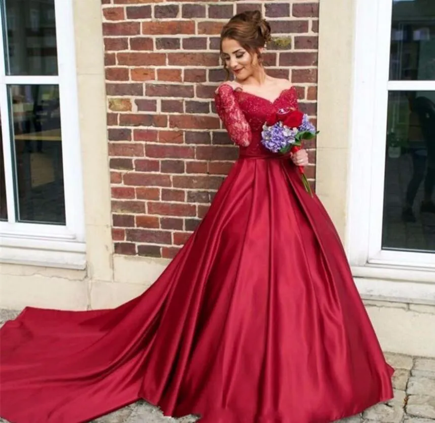 Col en V sur l'épaule bordeaux manches longues robes de bal mat satin illusion dos robe de soirée robe de soirée formelle robe de formatura