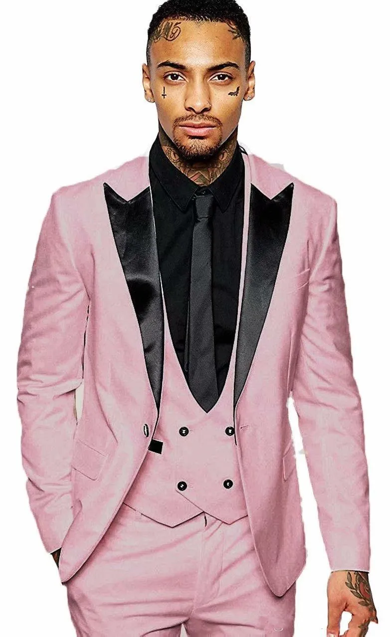 Brand New Pink Groom Tuxedos Black Peak Lapel Groomsman Bröllop 3 Piece Suit Män Business Jacket Blazer (Jacka + Byxor + Tie + Vest) 2662