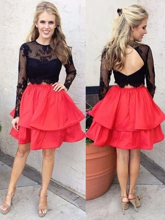 Vermelho preto de manga comprida vestidos de formatura 8ª série Piping duas camadas de saia Jewel Keyhole Backless Barato Prom Curto Vestido Homecoming Vestidos