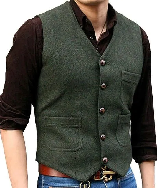 Vestido Vest Colete do noivo Coletes Tweed Herringbone Groomsmen Coletes homens verdes escuras 2,019 Últimas casamento lã de Coletes Terno Slim Fit Homens