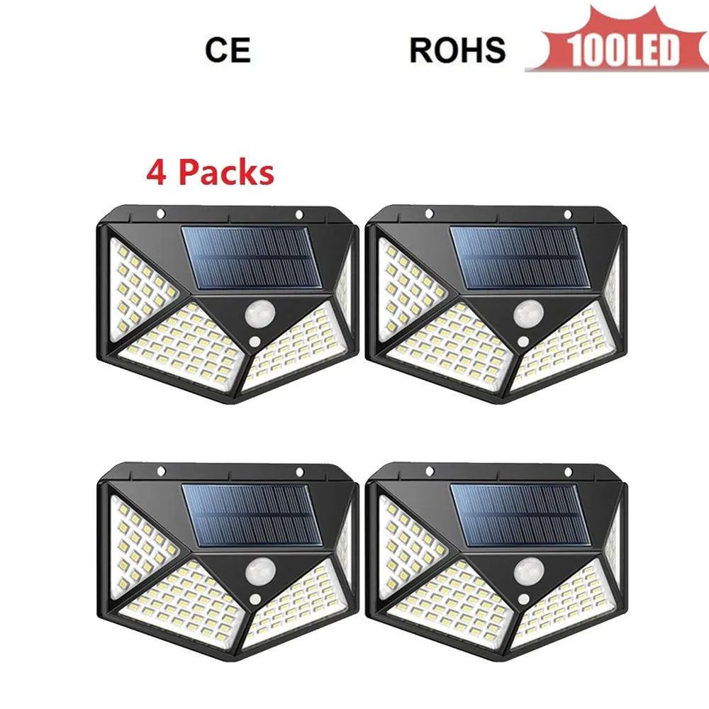 100 LED Chip Solar Light Sensore di movimento PIR Lampada solare senza fili Lampada da esterno impermeabile da giardino Cortile Deck Security LED Light 4 lati