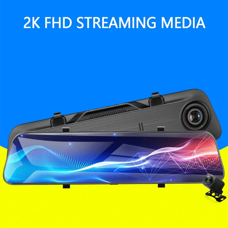 12" touch screen streaming media mirror car DVR dashcam driving video recorder Huawei Hisilicon chip 2Ch 2K+1080P video 170° + 140° wide FOV