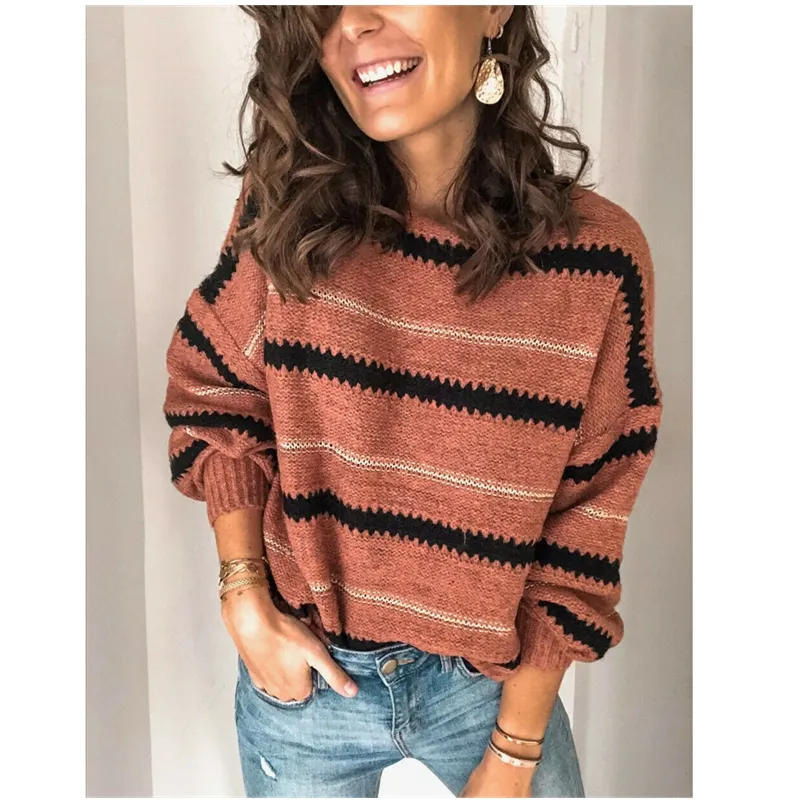 2020 mode trend vrouwen herfst lente nieuwe warme lange mouw trui losse gebreide streep eenvoudige casual trui sexy jumper tops