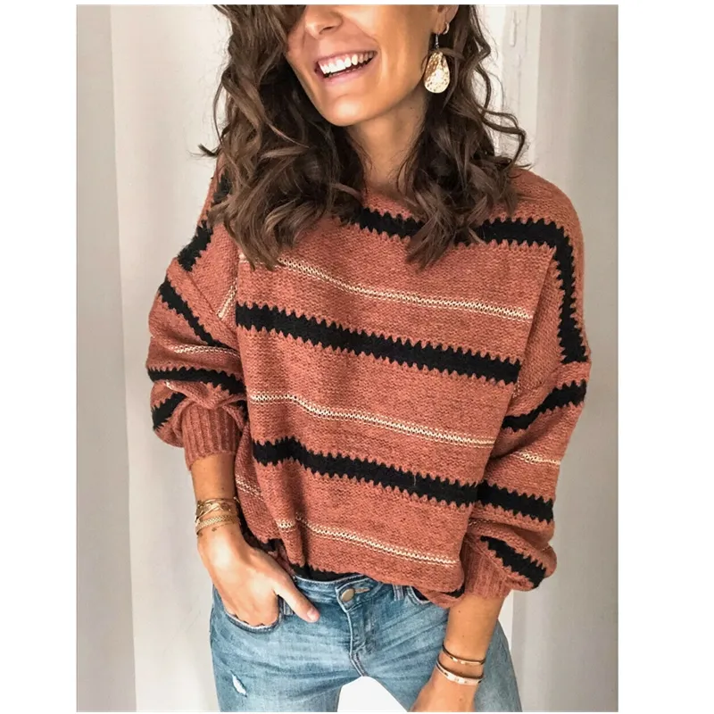 2020 mode tendance femmes automne printemps nouveau chaud à manches longues pull en vrac tricot rayure Simple pullover décontracté Sexy pull hauts