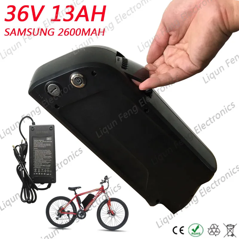 E-bike Battery 36V 13AH 500W use for Samsung 2600MAH cell Lithium Bicycle Battery With USB Port, 2A Charger and 15A BMS