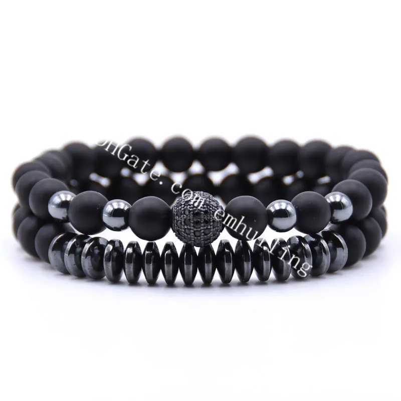 2Pcs/Set Hematite Matte Black Onyx 8mm Beads Stacking Bracelet CZ Micro Pave Disco Ball Bead Spacer Charm Matching Couple Bracelets Stretch