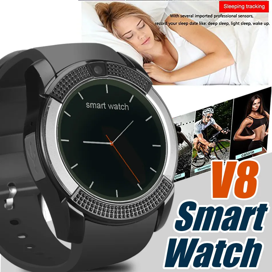 V8 Inteligentny Zegarek Zegarek Zegarek Zegarek z 0,3 m SIM IPS HD Full Circle Display Smart Watch dla systemu Android z pudełkiem z statkiem DHL