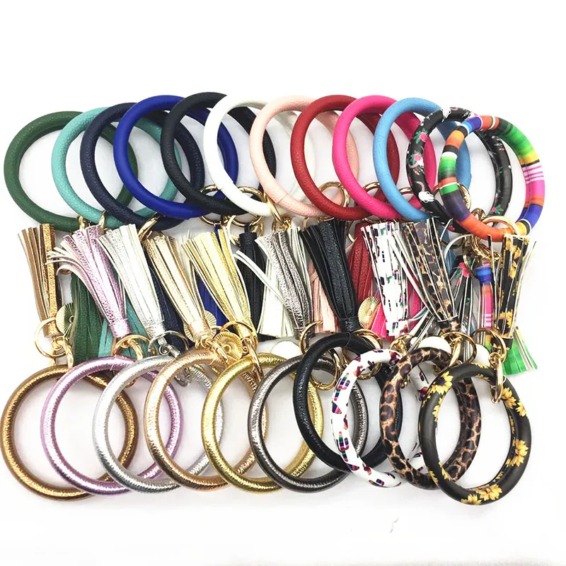 10 pcs cores misturadas PU couro o chaveiro círculo círculo tassel pulseira pulseira keychain mulheres menina chaveiro anéis pulseira pulseira