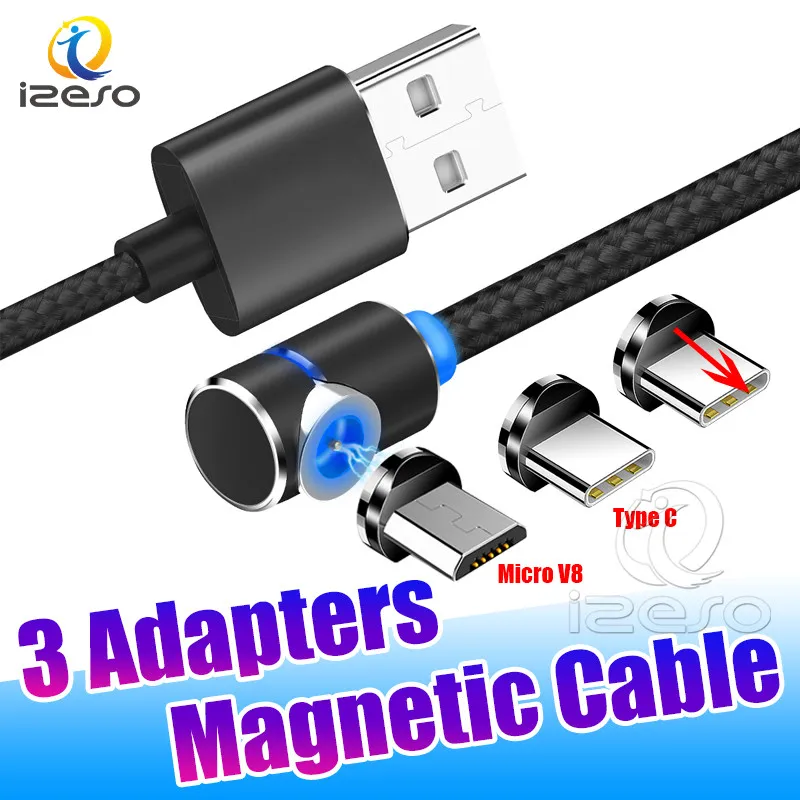 2A Magnetic Micro USB Cable Chargers Line Type C Nylon Braided Charging Cord Elbow Magnetic Charger Cables for Android Smartphones izeso