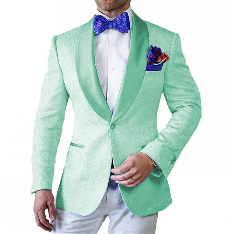 Сшитое Мужские костюмы Mint зеленый узор и белый Groom Tuxedos шаль лацкане Groomsmen Свадебный Best Man 2 шт (куртка + брюки + галстук) L471