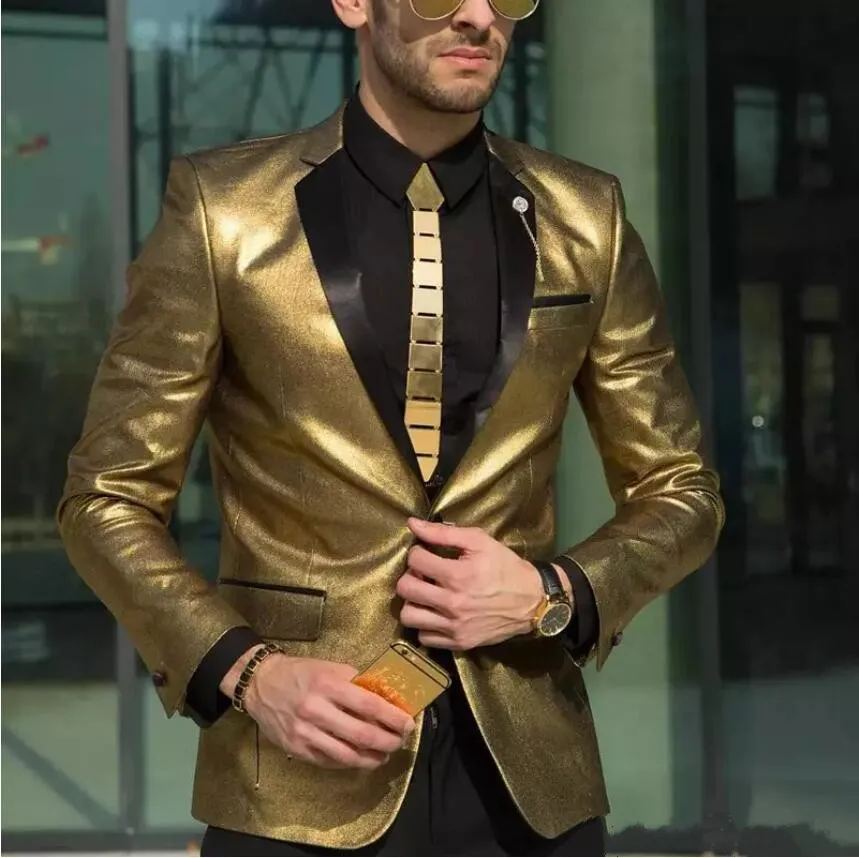golden wedding dress for men Bespoke Black One Button Wedding Men Suits with Gold Lapel main image 0