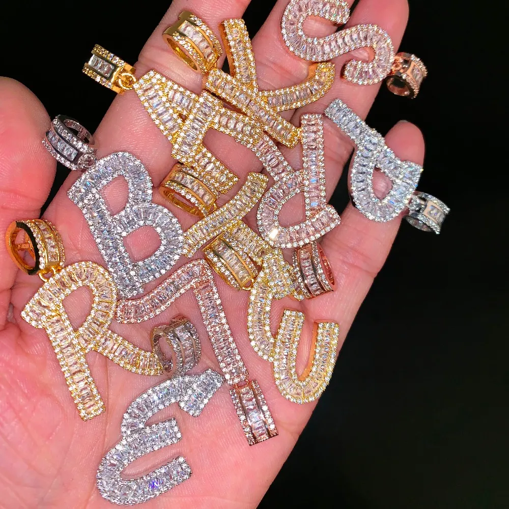 Iced Out Baguette Initials Letters Hip Hop Pendant Chain Gold Silver Bling Zirconia Men Hip Hop Pendant Jewelry