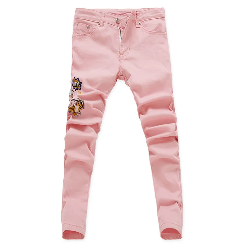 2020 neue Mode Blume Floral Männer Dünne Stretch Jeans Bestickte strumpfhosen beiläufige hosen farbe gelb rosa grün190f