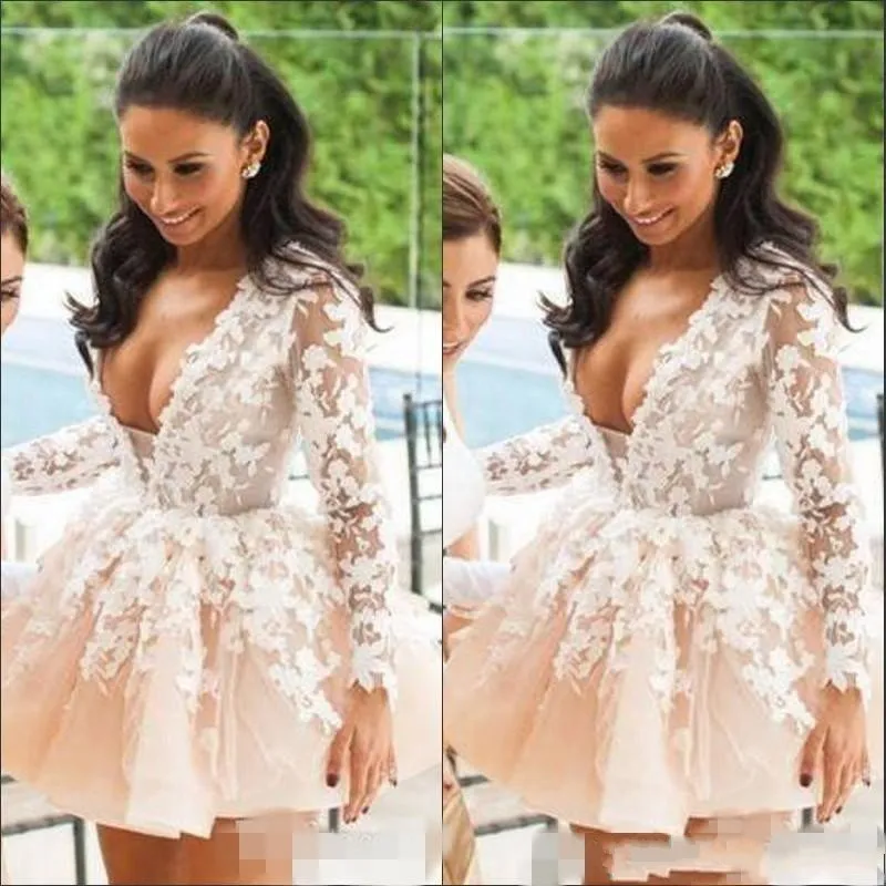 2020 Sexy Champagne Cocktail Vestidos Deep V Neck Renda 3D Flores Longa Mangas Curtas Mini Bola Vestido Celebridade Prom Festa Homecoming Vestidos