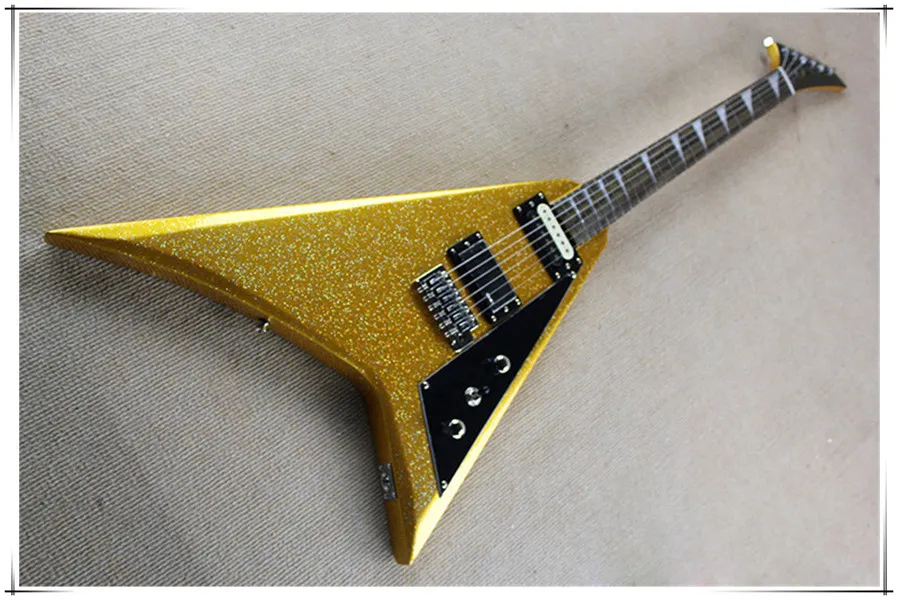 الذهبي الأصفر V شكل الجسم الغيتار الكهربائي مع فلويد الصغيرة روز جسر، روزوود الأصابع، يمكن تخصيص