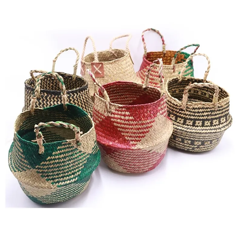 Seagrass tissé panier pot de fleur pliant stockage de linge ventre type herbe naturelle porte-plante pliable décor à la maison