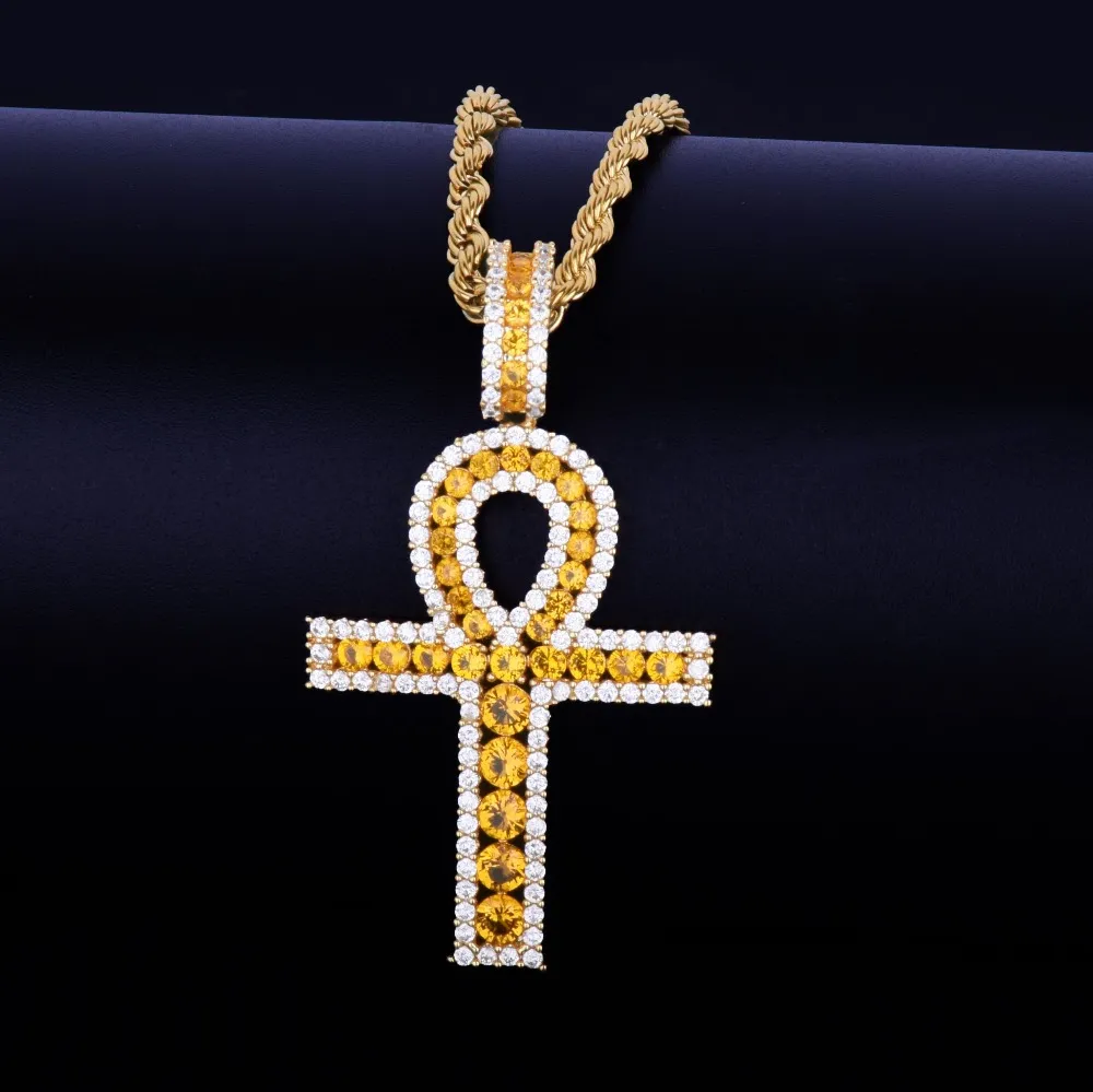 Men's Ankh Cross Pendant Necklace Gold Silver Copper Material Iced Zircon Egyptian Key of Life Women Hip Hop Jewelry