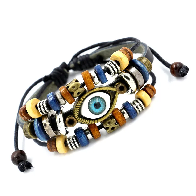 Multilayer Bead Charm Bracelets Hand Made Turkish Evil Eye Braided Adjustable Leather Fashion Vintage Men Jewelry for Women Girls