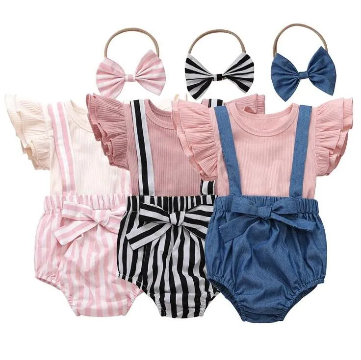 Baby tjejer kläder barn solid t-shirt suspender shorts bowknot huvudband kläder sätter sommar flyga ärm topp randig hårband kostym cyp619