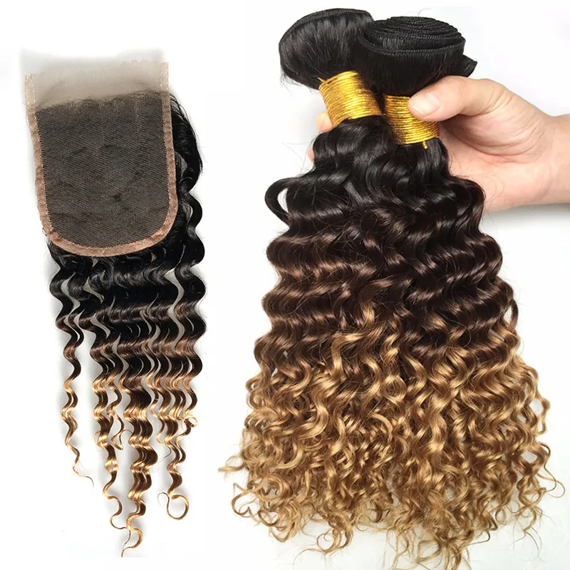 1B/4/27 Ombre hår med stängning Brazilian Virgin Hair Deep Wave 3 buntar med spetsförslutning 100 % obearbetat djupt lockigt människohår
