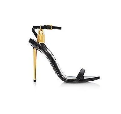 2021 Gold Silber Leder High Heels Gladiator Sandalen Knöchelriemen Vorhängeschloss Frauen Pumps Offene spitze Metall Schuhe