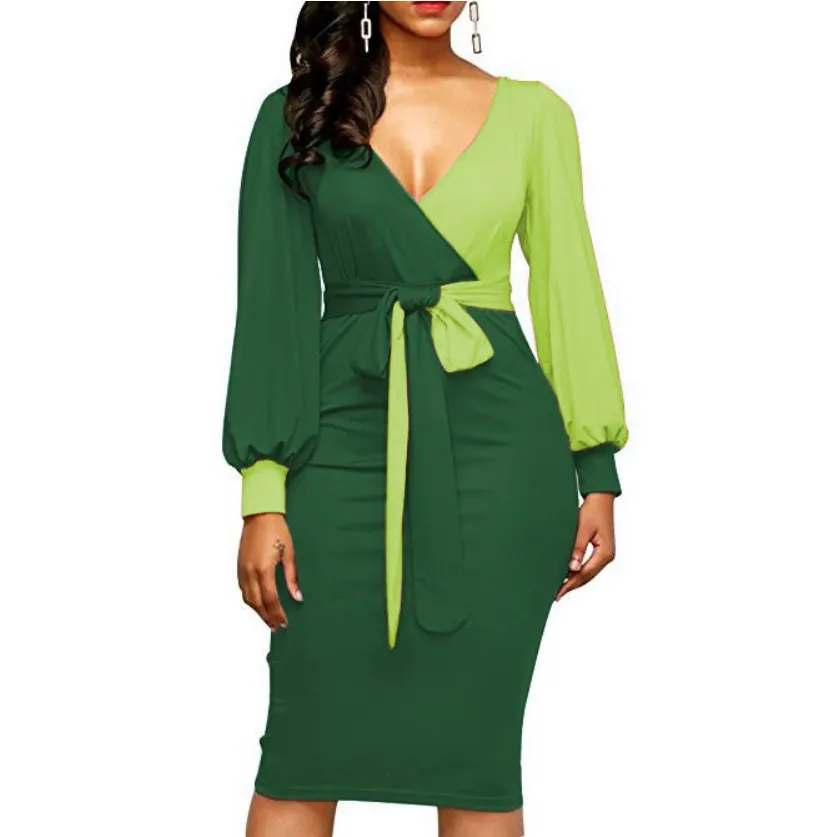 Women Fashion Sashes Sexy Office Lady Work Dress Long Sleeve Deep V Neck Contrast Color Shirt Dress 2018 Winter Women Dress Xxl MX200319