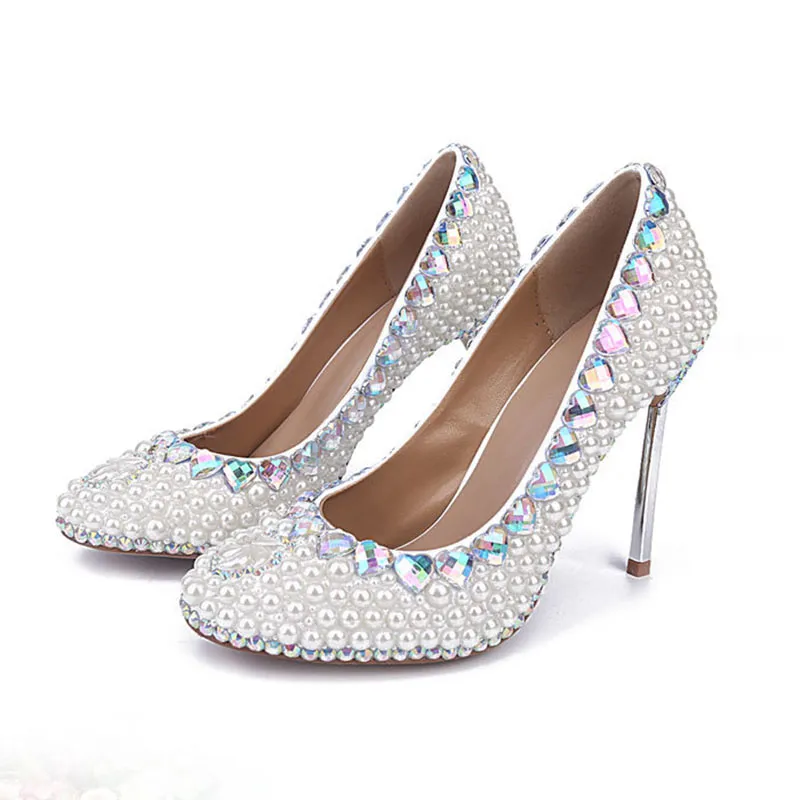 White Imitation Pearl Rhinestone High Heels Women Round Toe Pumps White Beads Bridal Wedding Shoes Silver Steel Heel